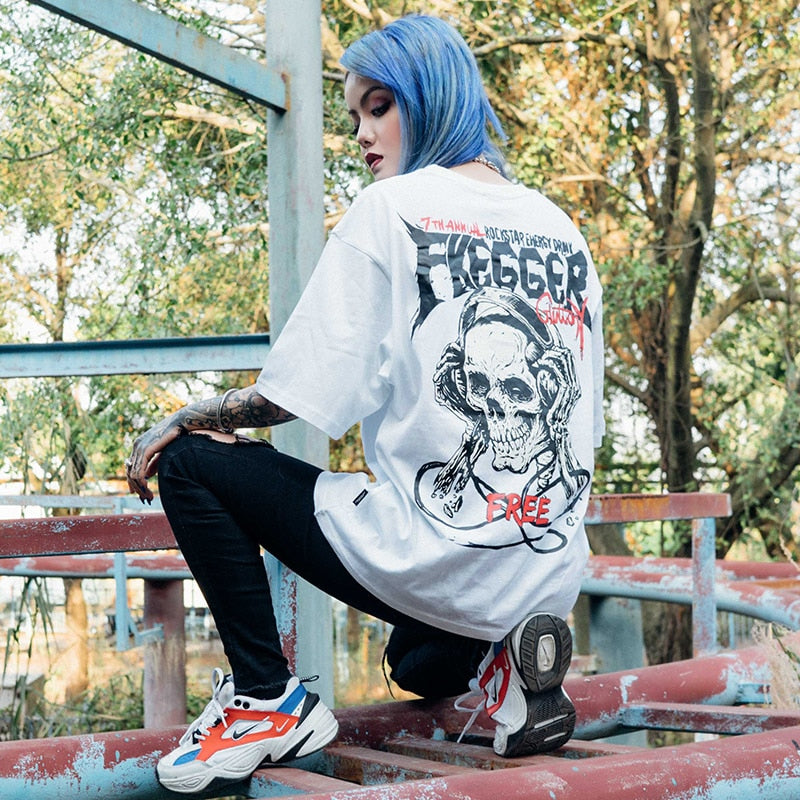 Music Lover Skull Printed Hip Hop Streetwear Loose Tees-unisex-wanahavit-White-Asian M-wanahavit