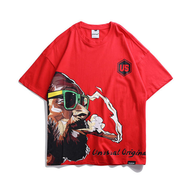 Smoking Man Printed Hip Hop Streetwear Loose Tees-unisex-wanahavit-Red-Asian M-wanahavit