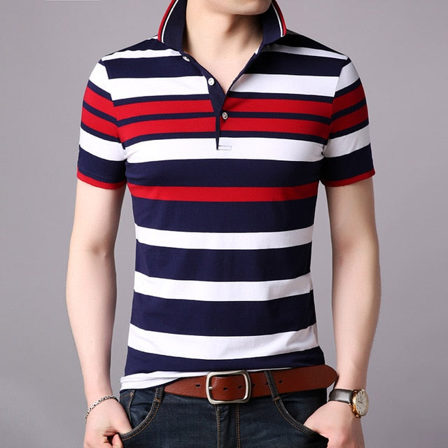 Striped Short Sleeve Slim Fit Polo Shirt-men-wanahavit-Red-M-wanahavit