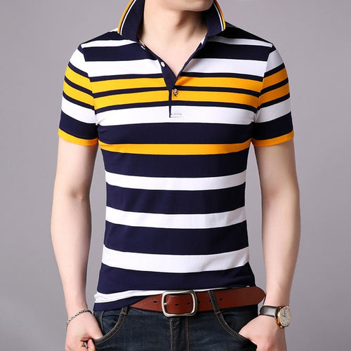 Load image into Gallery viewer, Striped Short Sleeve Slim Fit Polo Shirt-men-wanahavit-Yellow-M-wanahavit
