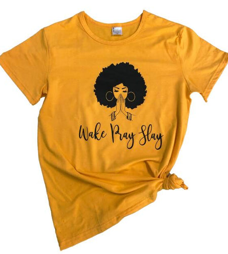 Wake Pray Slay Graphic Christian Statement Shirt-unisex-wanahavit-gold tee black text-S-wanahavit