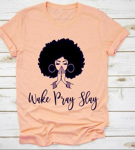 Wake Pray Slay Graphic Christian Statement Shirt-unisex-wanahavit-peach tee black text-S-wanahavit