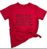 red tee black text