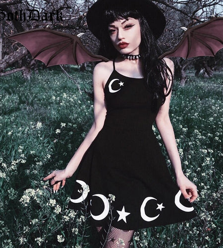 Aesthetic Moon Print Elegant Spaghetti Strap Dress-women-wanahavit-black-L-wanahavit