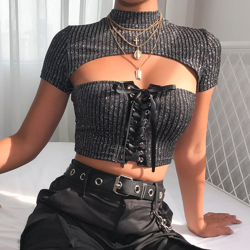 Load image into Gallery viewer, Sexy Hollow Out Slim Fit Lace Up Bandage Crop Top Tees-women-wanahavit-black-L-wanahavit
