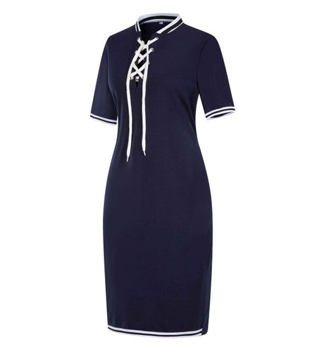 Striped Korean Short Sleeve Polo Pencil Dress-women-wanahavit-lace up navy-5XL-wanahavit
