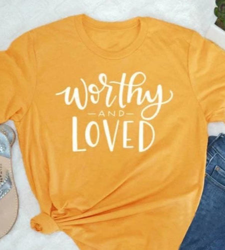 Worthy and Loved Christian Statement Shirt-unisex-wanahavit-gold tee white text-S-wanahavit