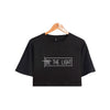 black tee white text