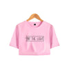pink tee black text