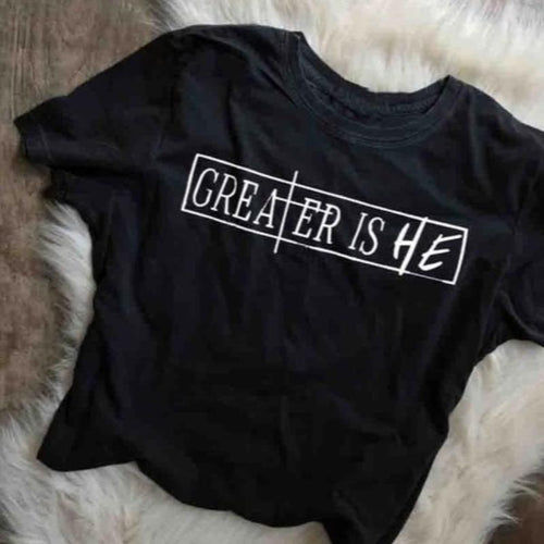 Load image into Gallery viewer, Greater Is He Christian Statement Shirt-unisex-wanahavit-black tee white text-S-wanahavit
