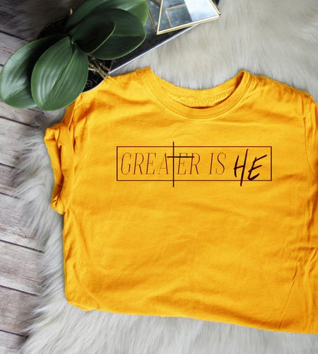 Greater Is He Christian Statement Shirt-unisex-wanahavit-gold tee black text-S-wanahavit