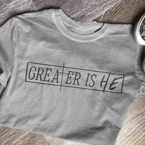 Load image into Gallery viewer, Greater Is He Christian Statement Shirt-unisex-wanahavit-gray tee black text-S-wanahavit
