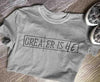 gray tee black text