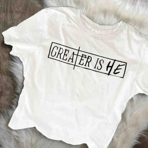 Load image into Gallery viewer, Greater Is He Christian Statement Shirt-unisex-wanahavit-white tee black text-S-wanahavit
