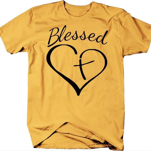Load image into Gallery viewer, Blessed Heart With Cross Christian Statement Shirt-unisex-wanahavit-gold tee black text-S-wanahavit
