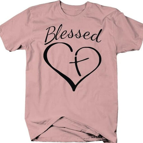 Load image into Gallery viewer, Blessed Heart With Cross Christian Statement Shirt-unisex-wanahavit-peach tee black text-S-wanahavit
