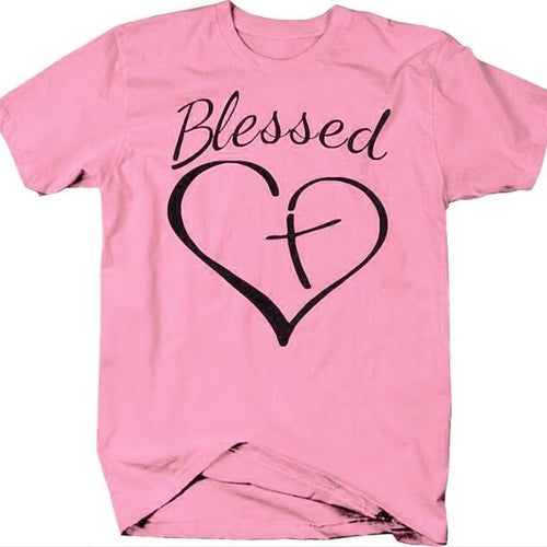 Load image into Gallery viewer, Blessed Heart With Cross Christian Statement Shirt-unisex-wanahavit-pink tee black text-S-wanahavit
