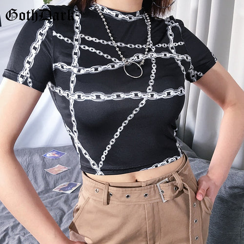 Load image into Gallery viewer, Goth Dark Chain Print Black Crop Top Shirt-women-wanahavit-black-L-wanahavit
