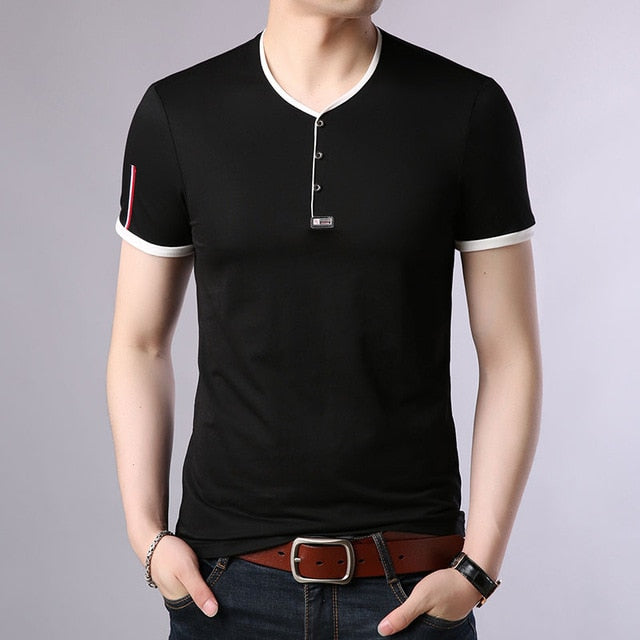 Korean Solid Color V Neck Trendy Tees-men-wanahavit-Black-M-wanahavit