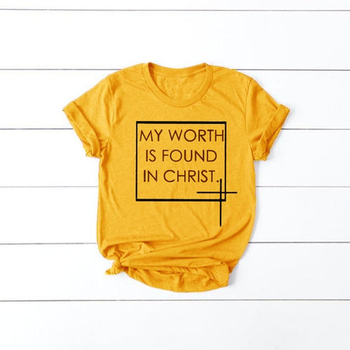 Load image into Gallery viewer, My Worth Is Found In Christ Christian Statement Shirt-unisex-wanahavit-gold tee black text-S-wanahavit
