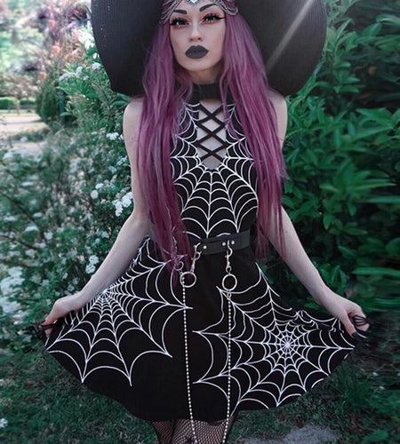 Spider Web Printed Hollow Out Bandage Dress-women-wanahavit-black-L-wanahavit