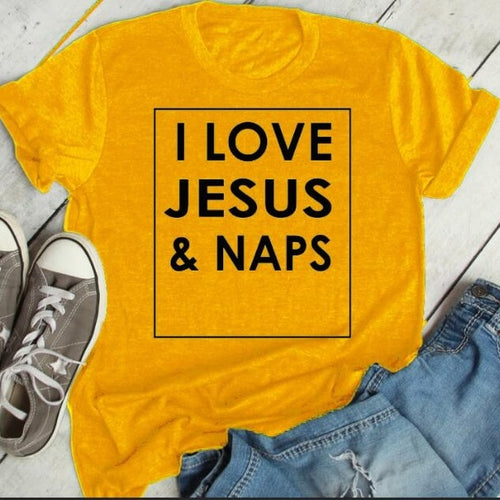 Load image into Gallery viewer, I Love Jesus and Naps Christian Statement Shirt-unisex-wanahavit-gold tee black text-S-wanahavit
