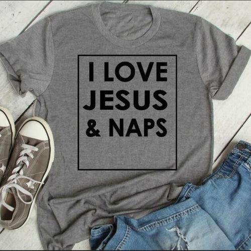 Load image into Gallery viewer, I Love Jesus and Naps Christian Statement Shirt-unisex-wanahavit-gray tee black text-S-wanahavit
