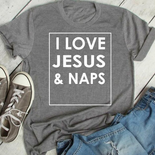 Load image into Gallery viewer, I Love Jesus and Naps Christian Statement Shirt-unisex-wanahavit-gray tee white text-S-wanahavit
