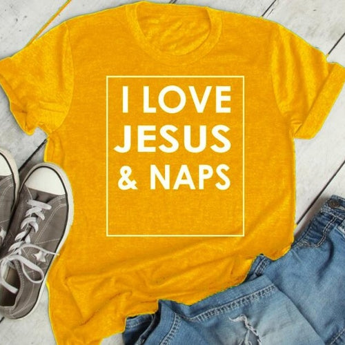 Load image into Gallery viewer, I Love Jesus and Naps Christian Statement Shirt-unisex-wanahavit-gold tee white text-S-wanahavit
