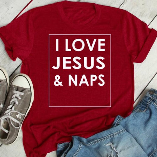 Load image into Gallery viewer, I Love Jesus and Naps Christian Statement Shirt-unisex-wanahavit-red tee white text-S-wanahavit
