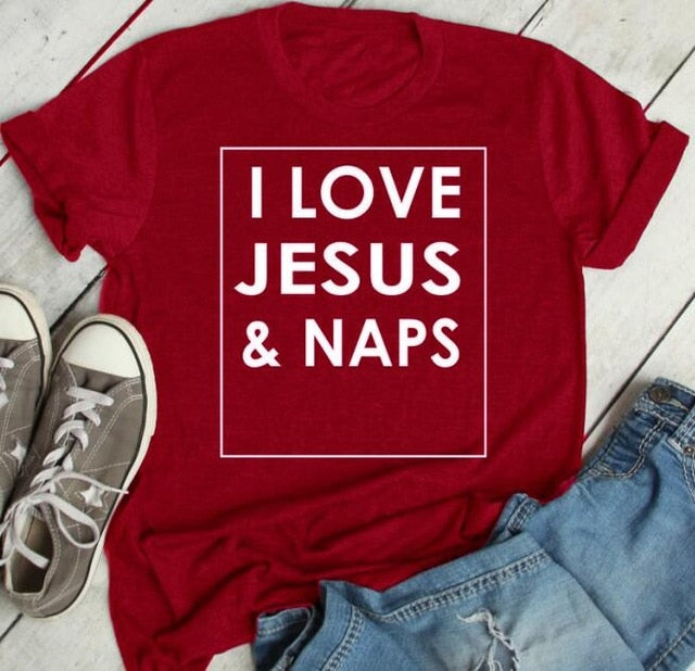 I Love Jesus and Naps Christian Statement Shirt-unisex-wanahavit-red tee white text-S-wanahavit