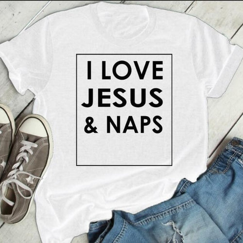 Load image into Gallery viewer, I Love Jesus and Naps Christian Statement Shirt-unisex-wanahavit-white tee black text-S-wanahavit
