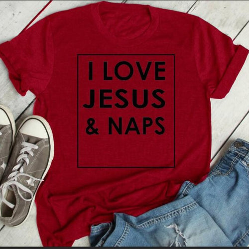 Load image into Gallery viewer, I Love Jesus and Naps Christian Statement Shirt-unisex-wanahavit-red tee black text-S-wanahavit
