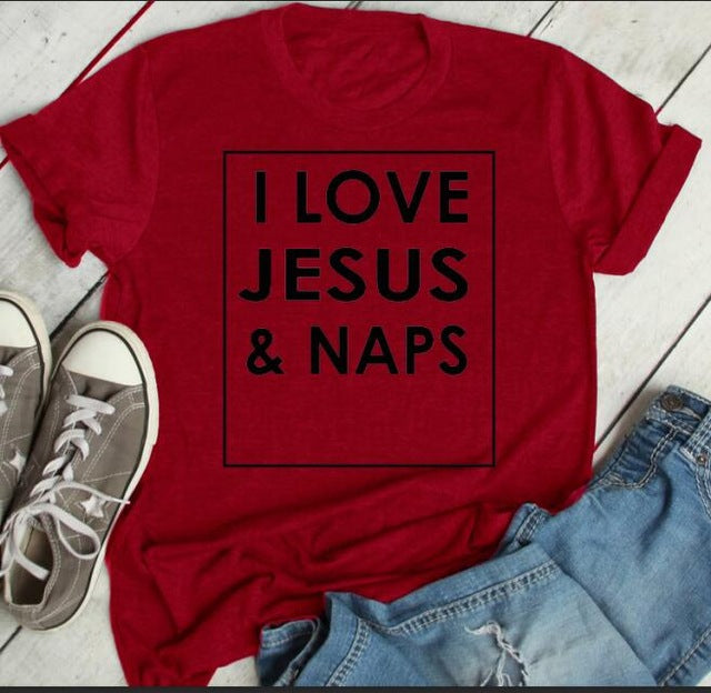 I Love Jesus and Naps Christian Statement Shirt-unisex-wanahavit-red tee black text-S-wanahavit