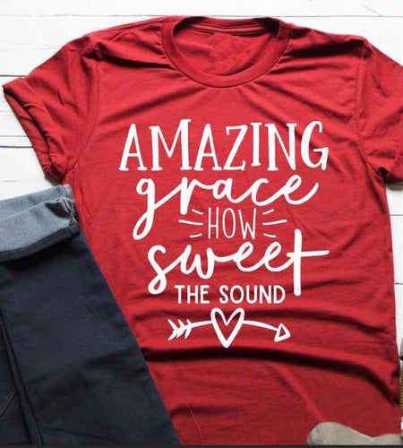 Amazing Grace How Sweet The Sound Christian Statement Shirt v2-unisex-wanahavit-red tee white text-S-wanahavit