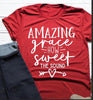 red tee white text