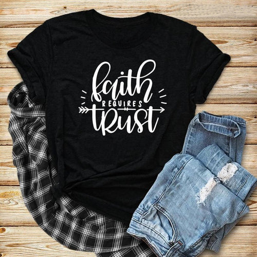Load image into Gallery viewer, Faith Requires Trust Christian Statement Shirt-unisex-wanahavit-black tee white text-S-wanahavit
