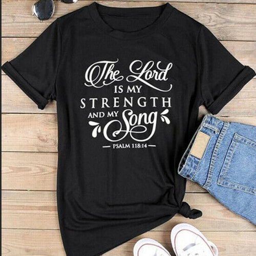 Load image into Gallery viewer, The Lord Is My strength And My Song Christian Statement Shirt-unisex-wanahavit-black tee white text-S-wanahavit
