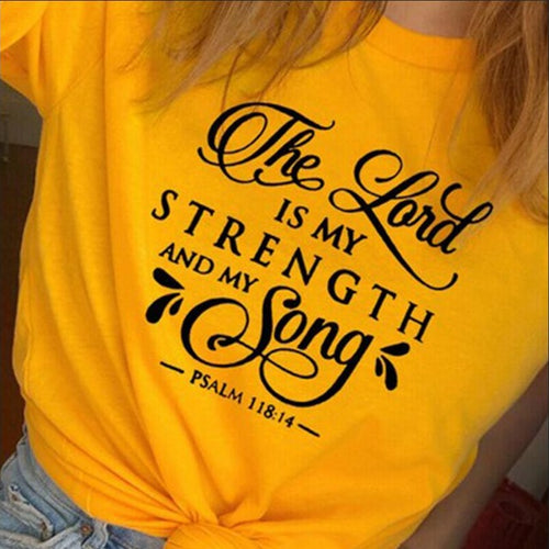 Load image into Gallery viewer, The Lord Is My strength And My Song Christian Statement Shirt-unisex-wanahavit-gold tee black text-S-wanahavit
