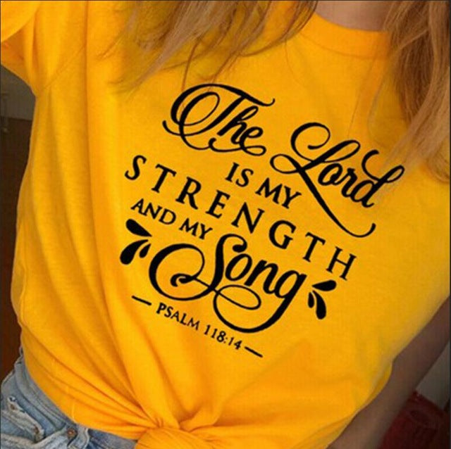 The Lord Is My strength And My Song Christian Statement Shirt-unisex-wanahavit-gold tee black text-S-wanahavit