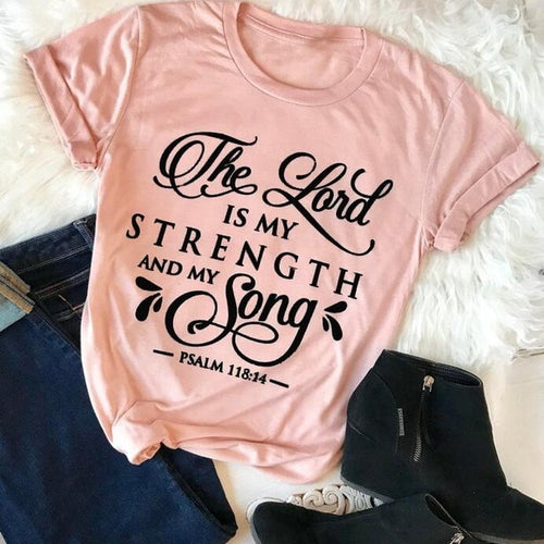 Load image into Gallery viewer, The Lord Is My strength And My Song Christian Statement Shirt-unisex-wanahavit-peach tee black text-S-wanahavit
