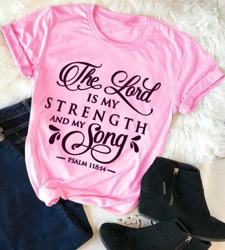 The Lord Is My strength And My Song Christian Statement Shirt-unisex-wanahavit-pink tee black text-S-wanahavit