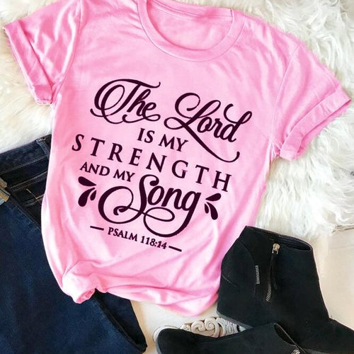 Load image into Gallery viewer, The Lord Is My strength And My Song Christian Statement Shirt-unisex-wanahavit-pink tee black text-S-wanahavit
