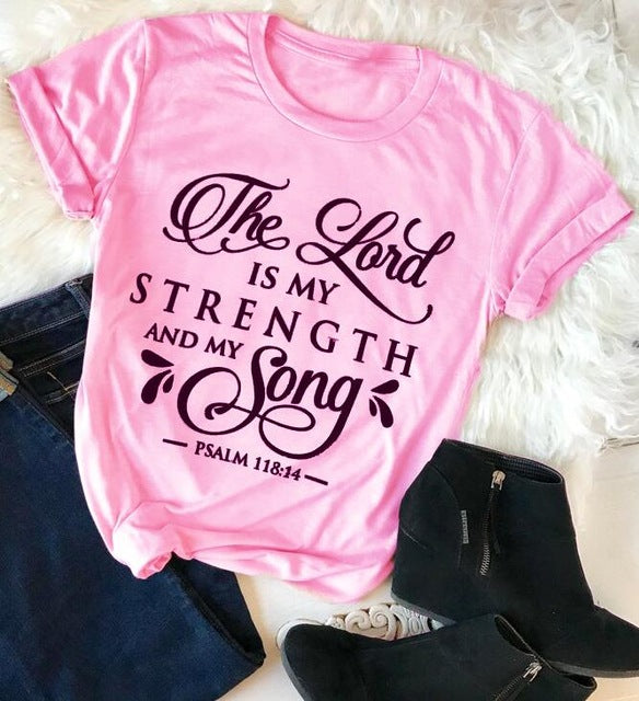 The Lord Is My strength And My Song Christian Statement Shirt-unisex-wanahavit-pink tee black text-S-wanahavit