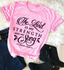 pink tee black text