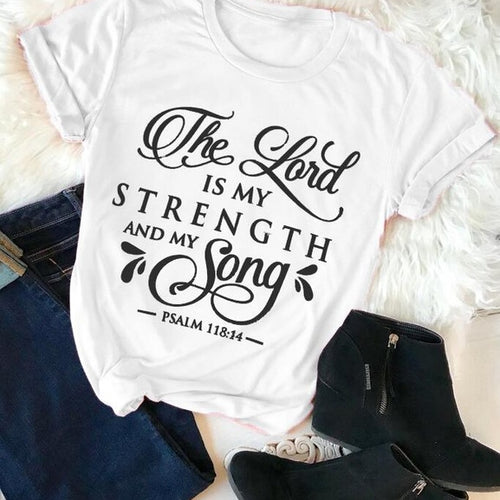 Load image into Gallery viewer, The Lord Is My strength And My Song Christian Statement Shirt-unisex-wanahavit-white tee black text-S-wanahavit
