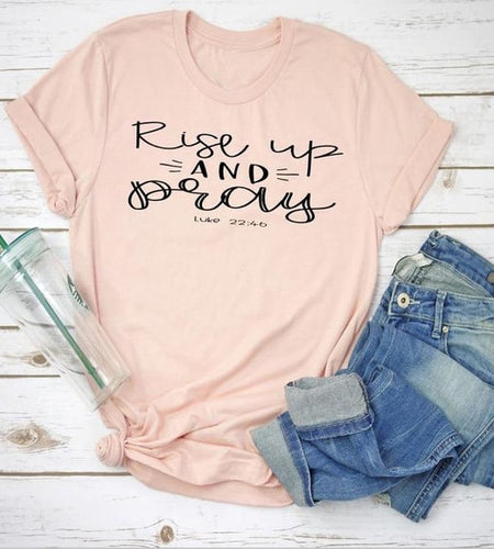 Rise up and Pray Christian Statement Shirt-unisex-wanahavit-peach tee black text-S-wanahavit