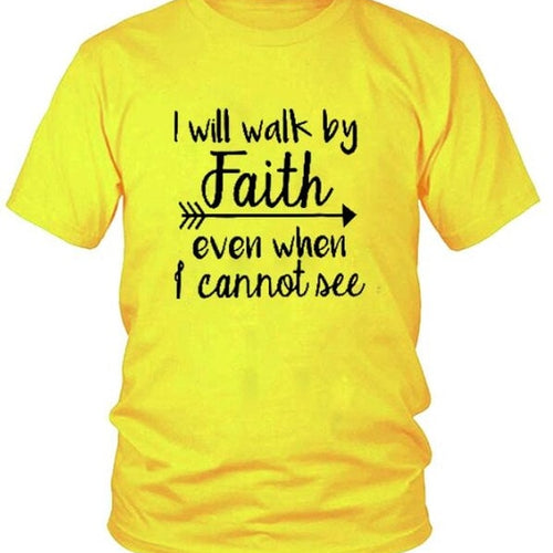Load image into Gallery viewer, I Will Walk By Faith Even When I Cannot See Christian Statement Shirt-unisex-wanahavit-gold tee black text-S-wanahavit
