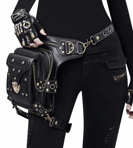 Retro Steampunk Black Leather Messenger Rock Waist Bag-women-wanahavit-wanahavit