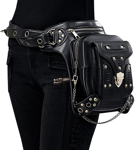Retro Steampunk Black Leather Messenger Rock Waist Bag-women-wanahavit-wanahavit